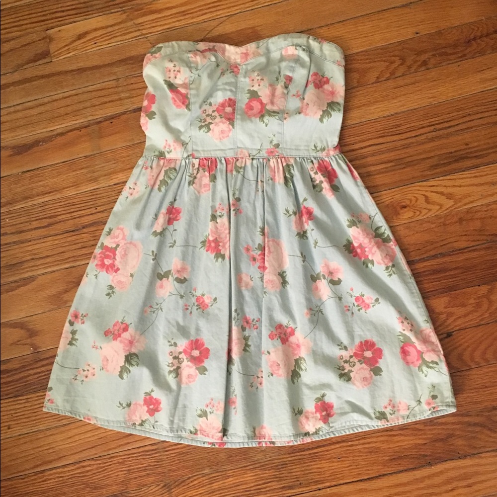Floral Chambray Strapless Dress